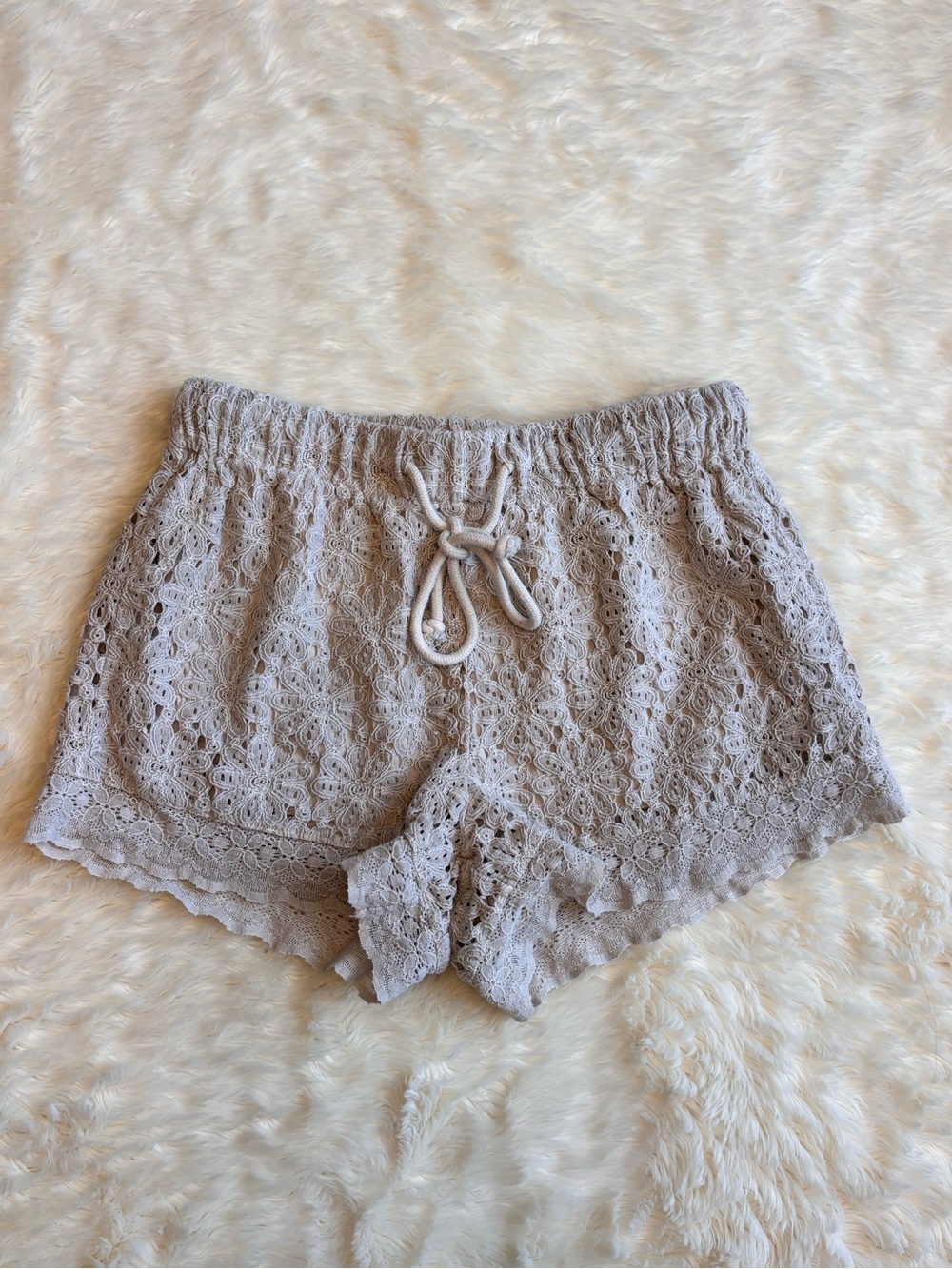 Banjara Tan Floral Lace Crochet Lined Elastic Waist Drawstring Shorts Small